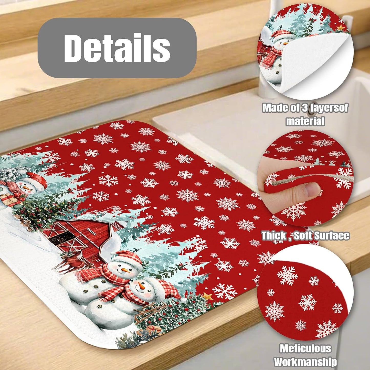 Dish Drying Mat for Kitchen Counter Large 18" x 24" Christmas Farmhouse Rustic Snowman Absorbent Microfiber Dishes Drainer Rack Mats Pad Reusable Washable