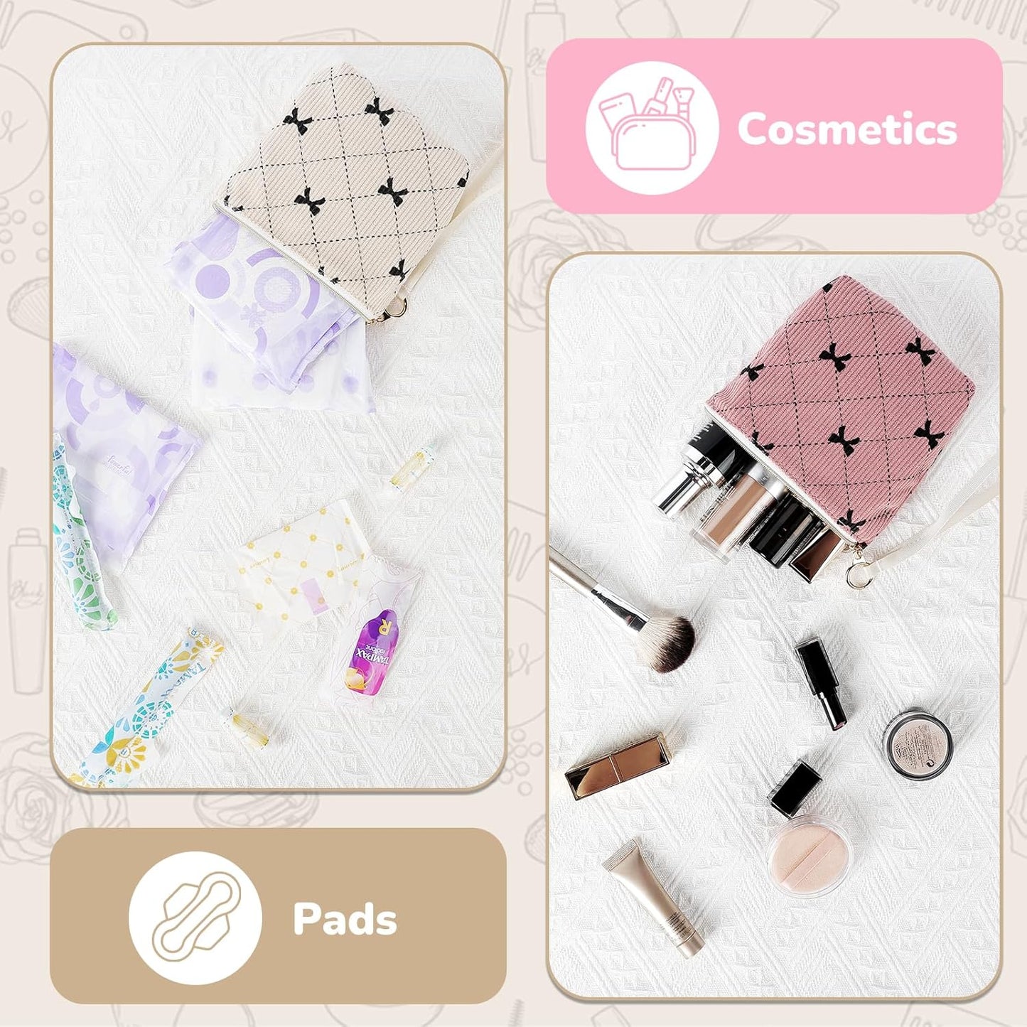 Bow Period Bag for Teen Girls, Corduroy Cute Sanitary Napkin Storage Bag with Wristlet, Menstrual Pad Pouch Tampon Holder for Backpack (Beige)