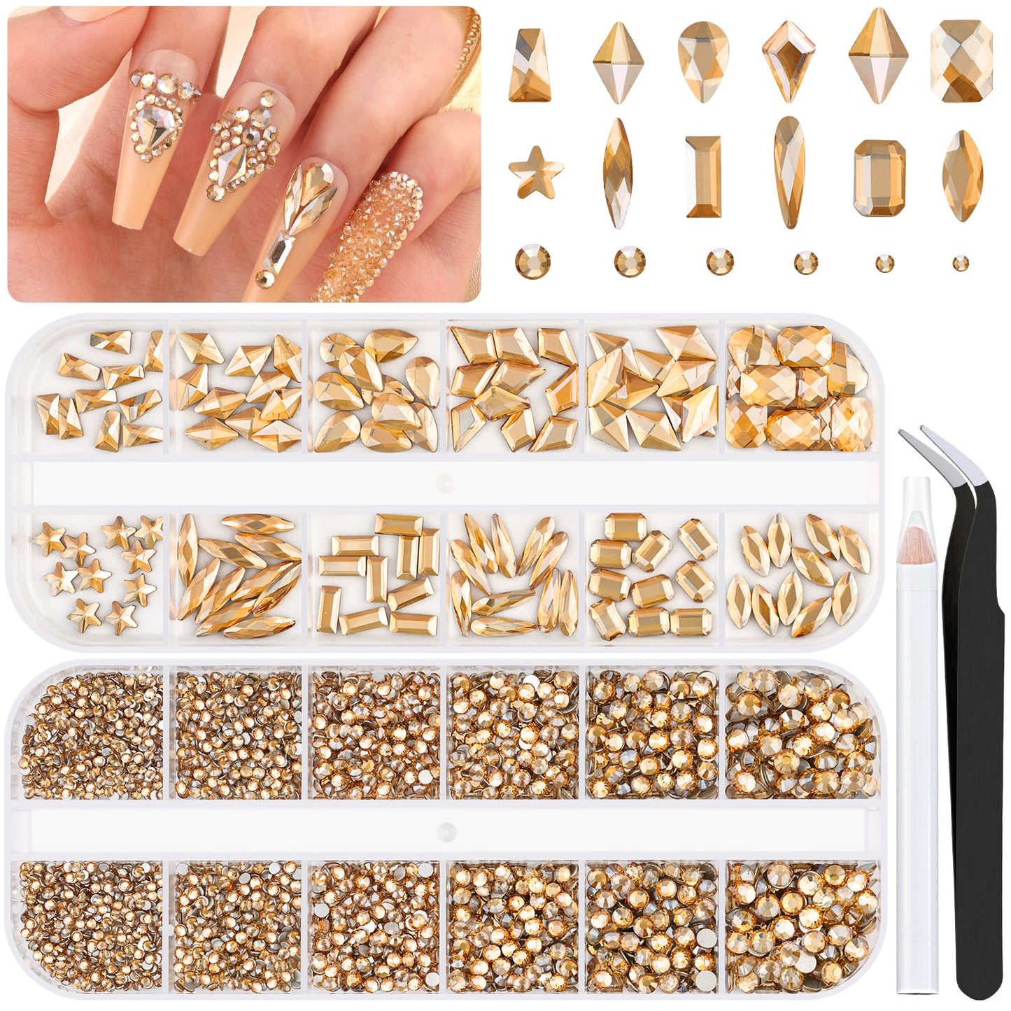 3220Pcs Gold Nail Rhinestones, 1.5-4mm Mini Flatback Crystal & 3D Multi Shapes Gems, Champagne Gold Charms Diamond Gemstones for Nails Decoration