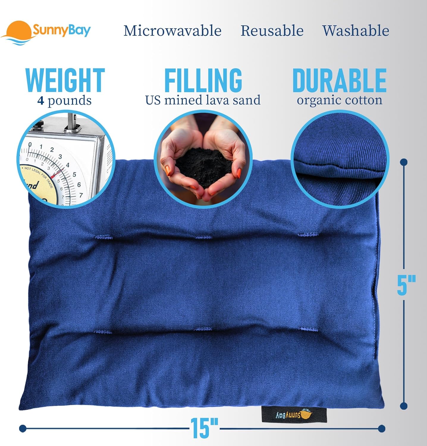 SunnyBay USA-Made 4-lbs Lava Sand Microwave Heating Pad with Organic Cotton Fabric for Cramps and Body Pain, Superior Heat Retention, Washable, Odorless, Weighted, 8x12 Inches