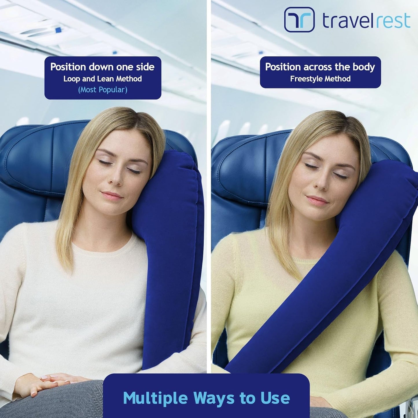 TRAVELREST Ultimate Inflatable Travel Neck & Body Pillow - Travel Essentials, Comfort and Upper Body Support, Airplane Neck Pillow for Long Flight, Straps to Airplane Seat & Car, for All Ages - Blue