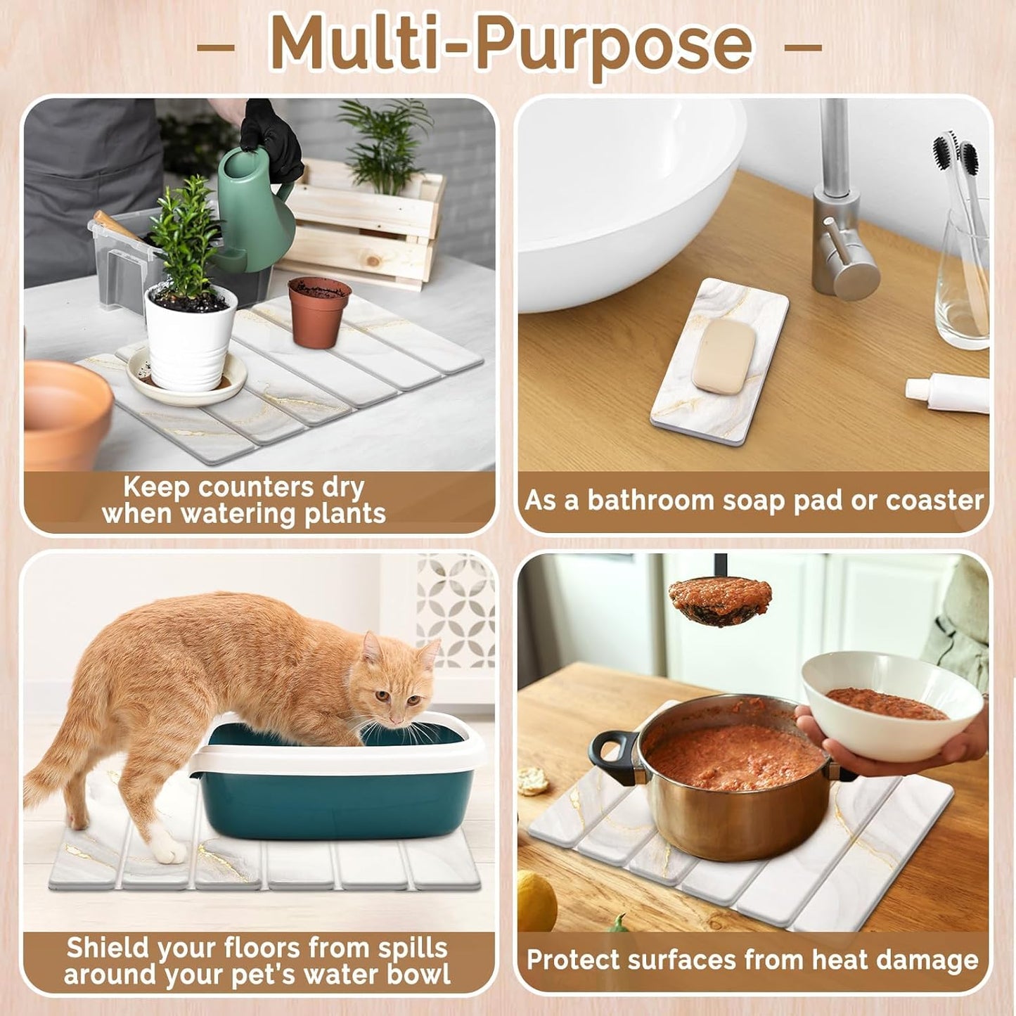 2 PCS Stone Dish Drying Mat for Kitchen Counter,Quick Dry Stone Dishes Mats,Marbled Water Absorbing Diatomaceous Earth Drying Pad for Countertop Bottles Utensils Cups(Gold White 16"×12" & 8"x4")