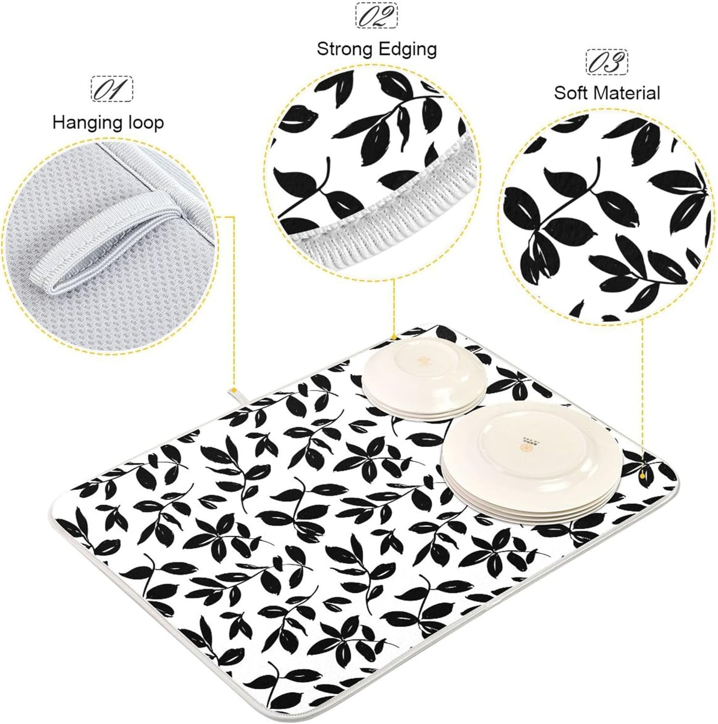 Eucalyptus Leaves Dish Drying Mat for Kitchen Countertop 18x24 Black White Floral Leaf Large Drying Mat Reusable Quick Dry Dish Sink Absorbent Mats Dishwasher Easy Clean Decorative Home Essentials