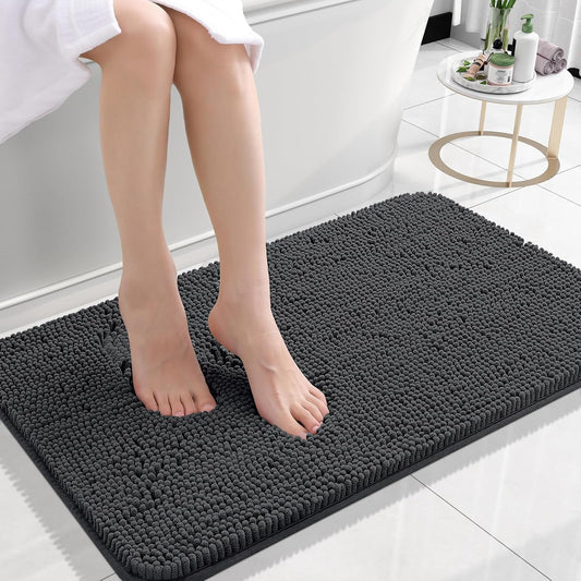 OLANLY Bathroom Rugs 24x16, Extra Soft Absorbent Chenille Bath Rugs, Rubber Backing Quick Dry, Machine Washable Bath Mats for Bathroom Floor, Tub and Shower, Home Decor Accessories, Dark Grey