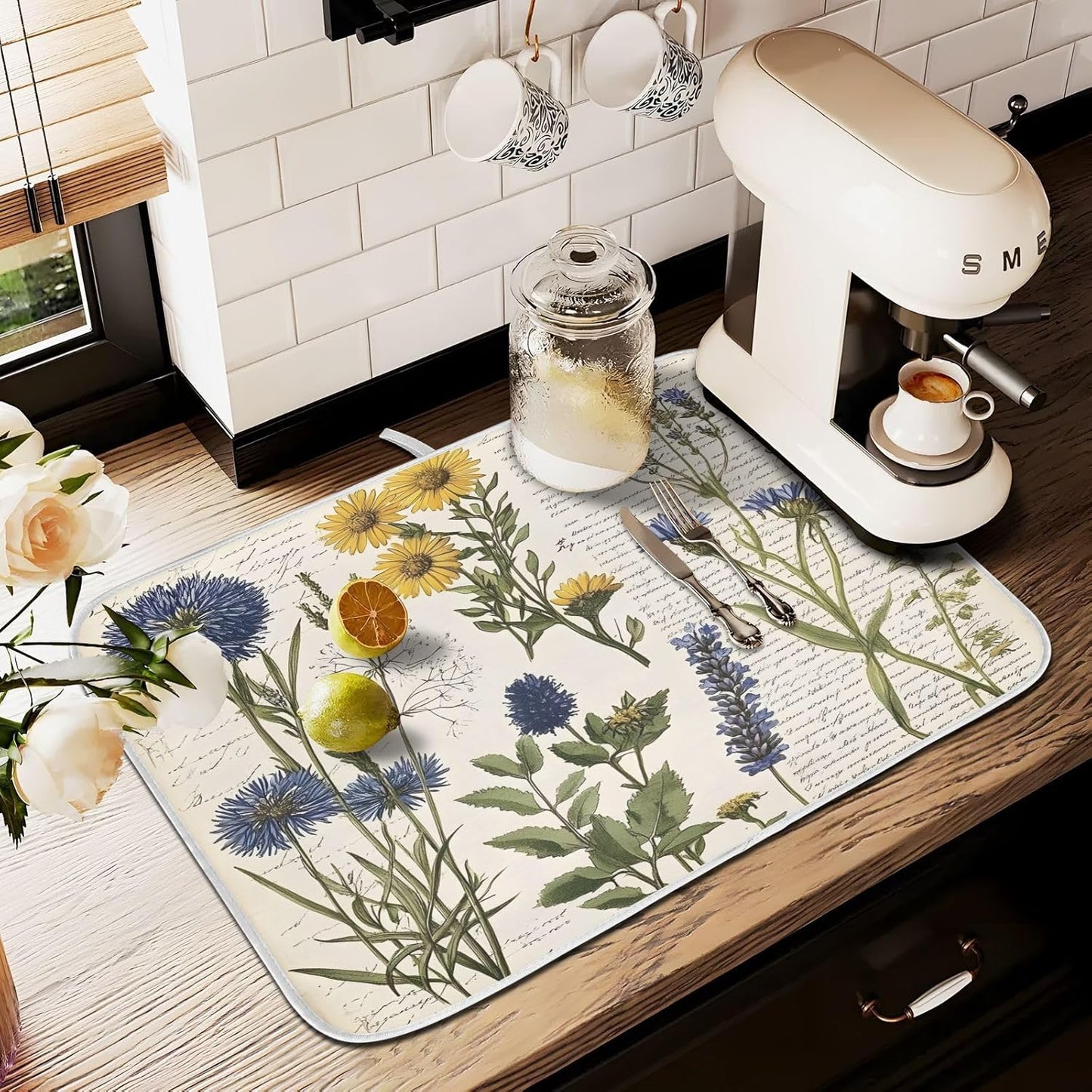 Page Wildflower Vintage Dish Drying Mats for Kitchen Counter Absorbent Microfiber Dish Drying Matt 16 x 18 Inch Draining Reusable Rack Pad