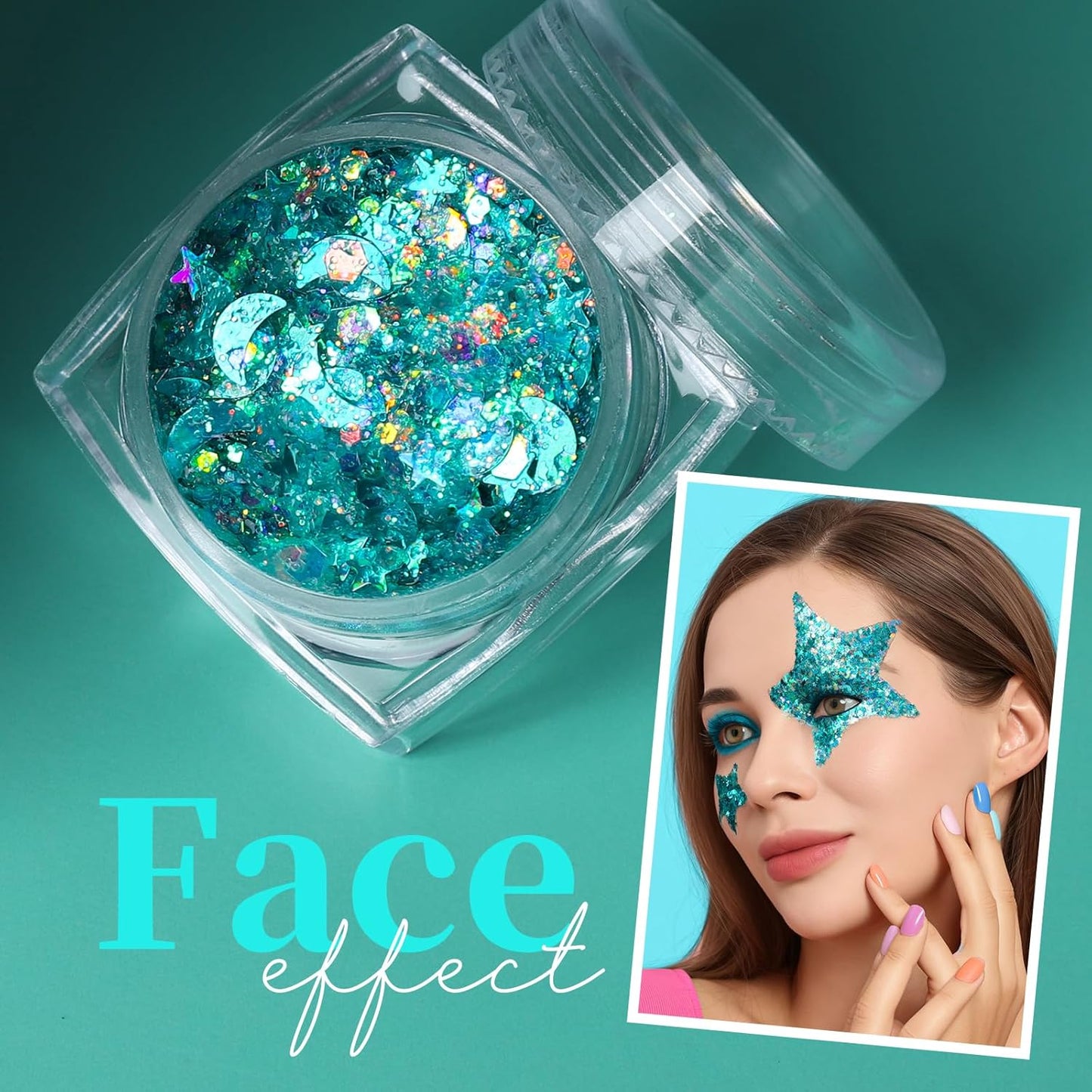 Teenitor Green Face Glitter, 6 Shapes Face and Body Glitter, Hair Glitter Gel, Body Glitter Gel for Festival Makeup, Makeup Glitter for Face, Body, Hair