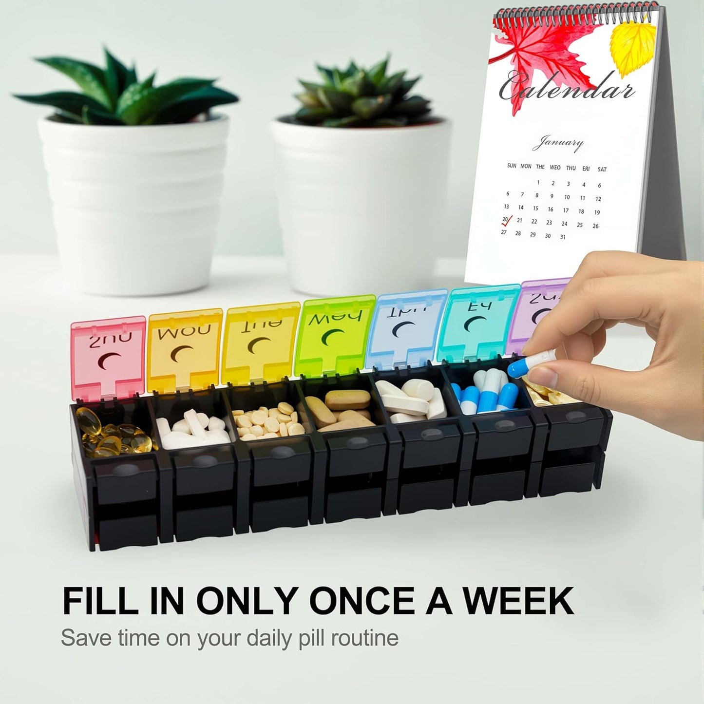 XL Large AM/PM Weekly Pill Organizer Arthritis Friendly, 2 Times a Day Pill Box with Spring Open Design, 7 Day Vitamin Case with Push Button Compartments (Black)