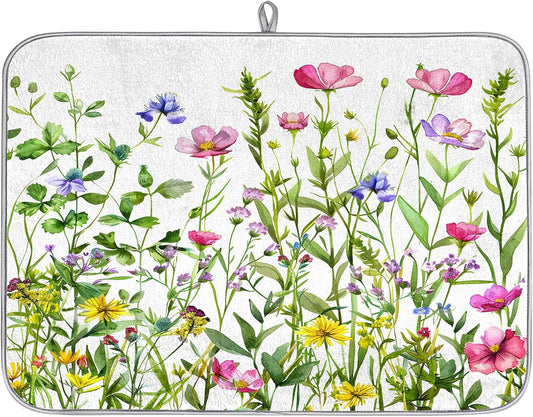 Hexteria Colorful Flowers Large Dish Drying Mats for Kitchen Counter 18 X 24 Inch Spring Floral Microfiber Dish Mat, Dish Drainer Mats for Countertops, Wildflower
