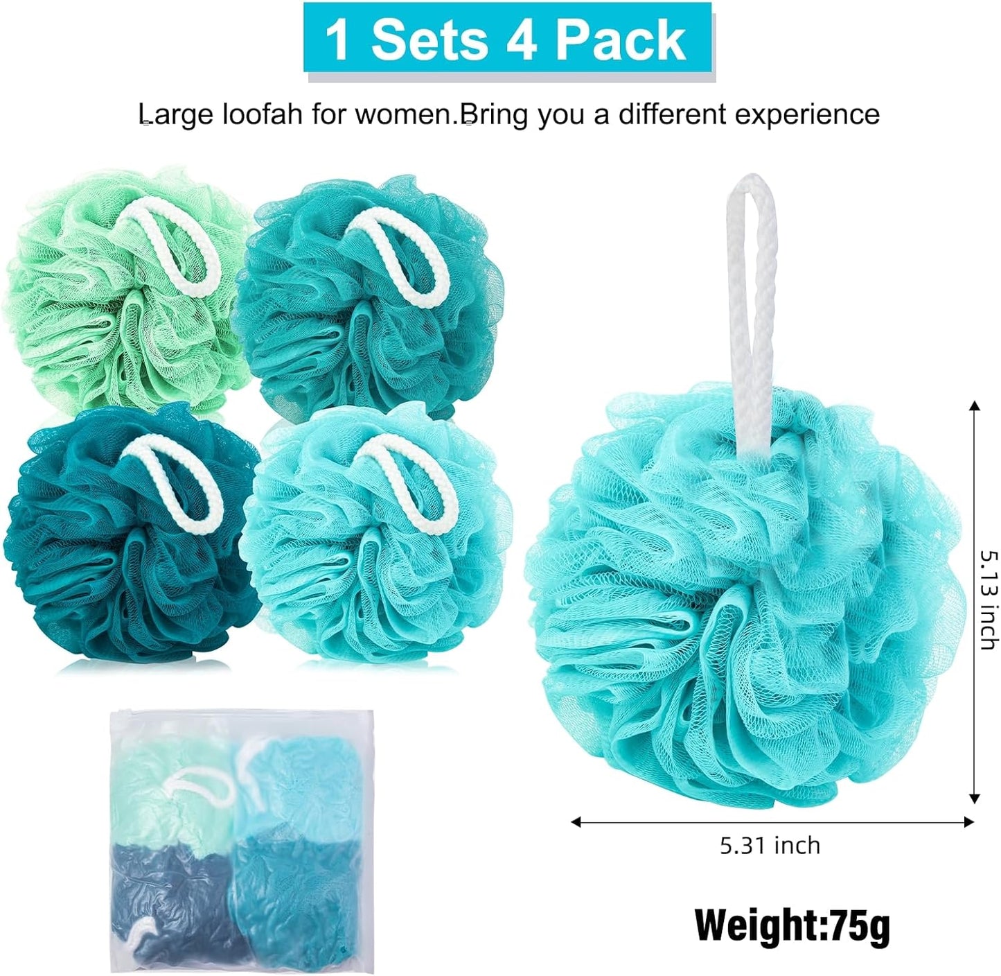Loofah for Women 75g 4 Pack, Bath Sponge Soft Mesh Shower Puff Loofah Sponge, Exfoliating Body Scrubber, lufas for Women, Shower Accessories (Blue)