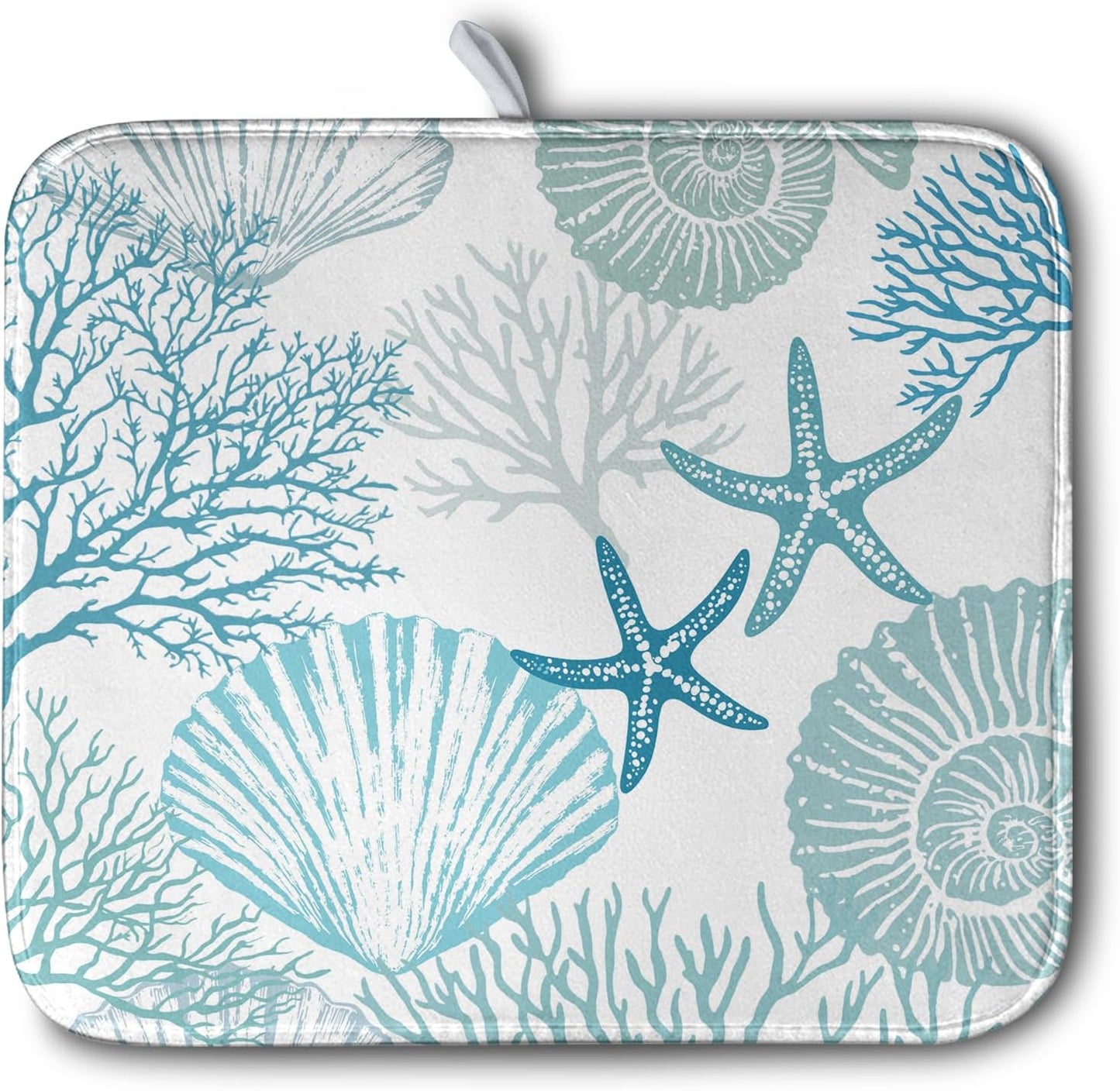 Summer Blue Dish Drying Mat for Kitchen Counter Nautical Coastal Teal Dishes Drainer Mats Beach Coral Seashell Starfish Ocean Absorbent Microfiber Dish Draining Pad 16x18 Inch