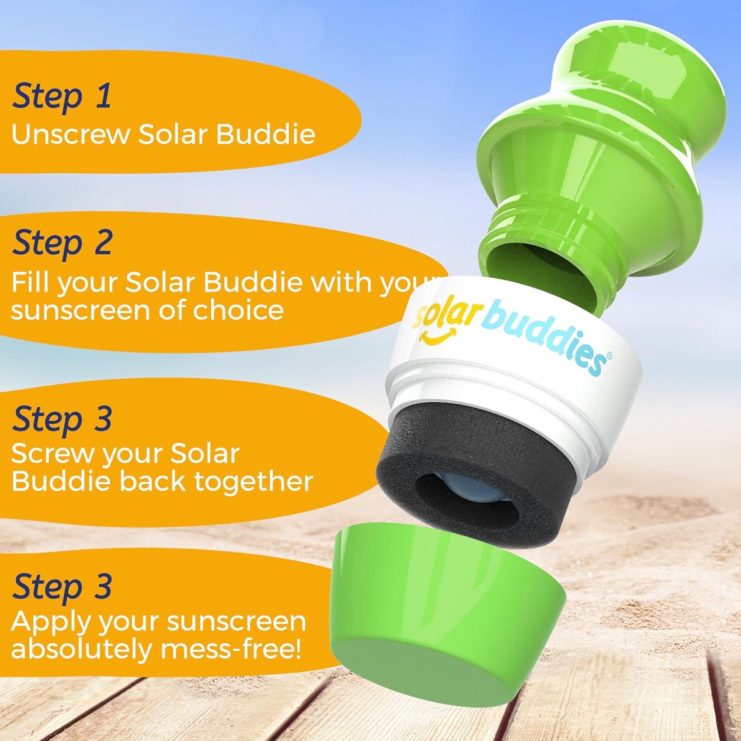 Solar Buddies Sunscreen Applicator - Single Full Green - Refillable Roll on Sponge Sunscreen, Suncream & Lotion Applicator For Kids, Adults & Families - Holds 3.4fl oz, Perfect Size for Travel