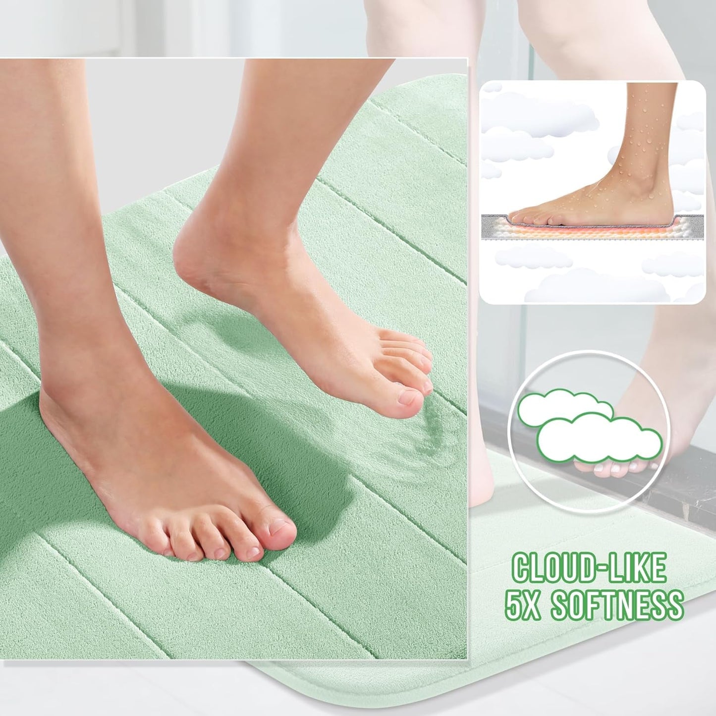 Yimobra Long Bath Mat 44"x24", Super Soft Quick Dry Memory Foam Bathroom Rug, Water Absorbent, Non Slip Backing Machine Washable for Tub Shower, Thick Comfort Support, Pale Green