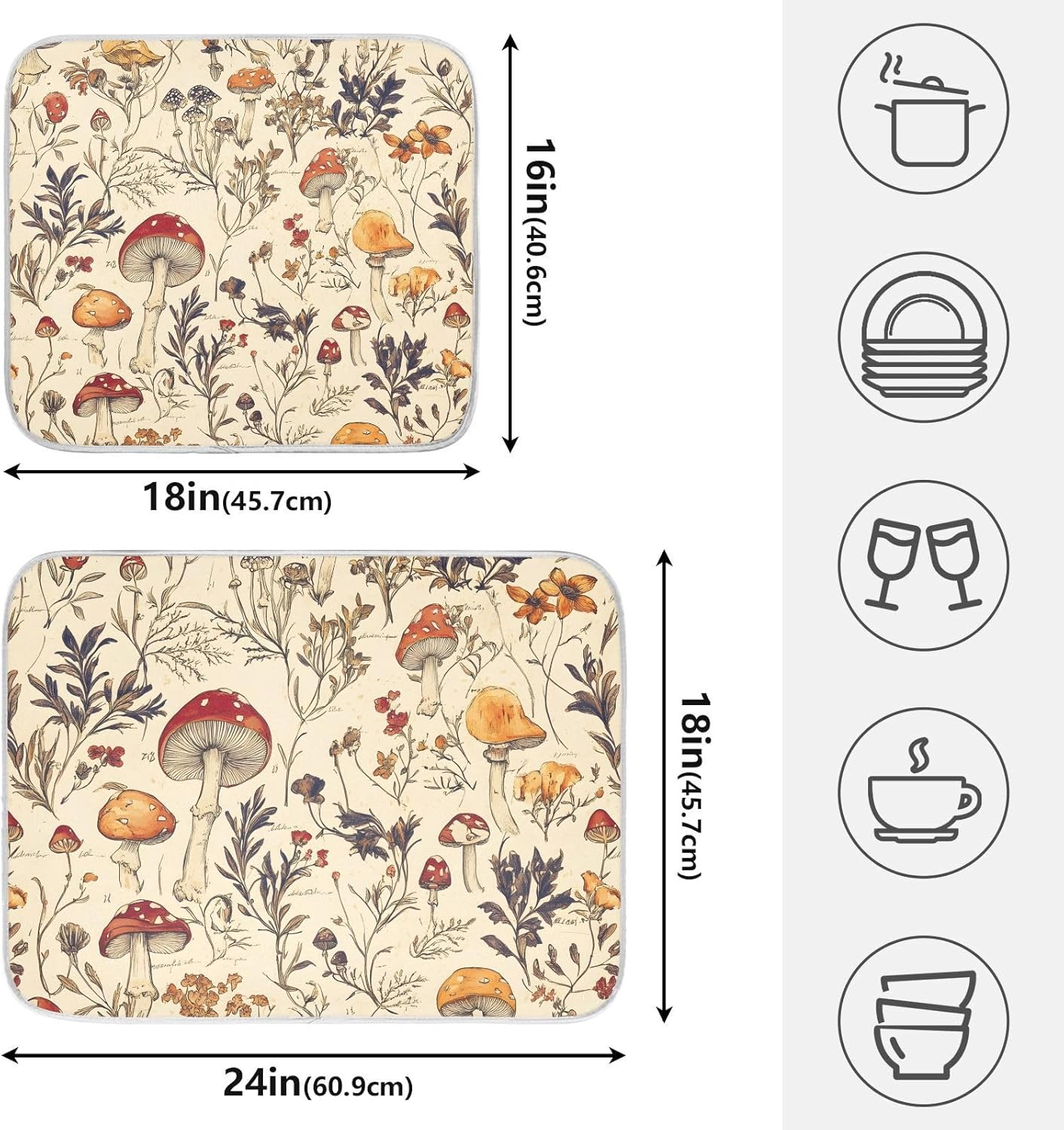 Mushroom Autumn Grass Dish Drying Mats for Kitchen Counter Absorbent Microfiber Dish Drying Matt 16 x 18 Inch Draining Reusable Rack Pad