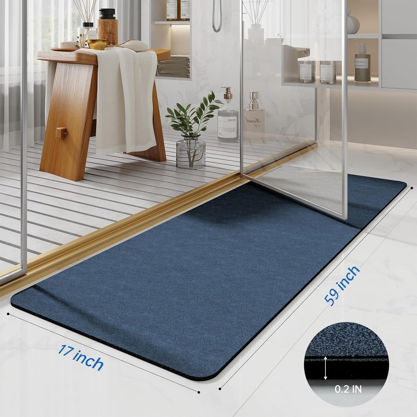 Navy Blue Long Bathroom Mat Rugs 59x17 Long Diatomaceous Earth Bath Mat Large Quick Dry Bath Mat Non Slip Rubber Backed Super Absorbent Shower Mat, Thin Bathroom Runner Rugs Floor Mat Fit Under Door