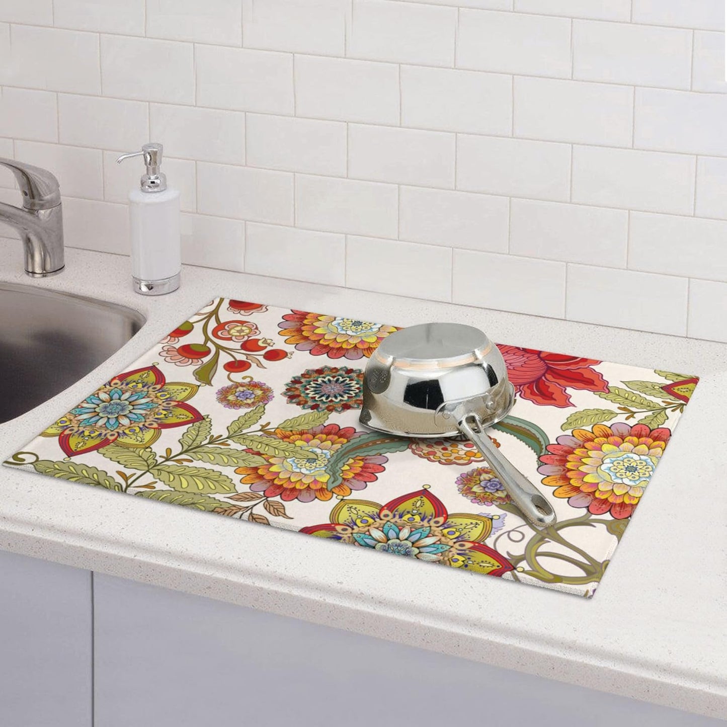 Boho Floral Dish Drying Mat for Kitchen Counter 18"x24" Colorful Decorative Dishes Pad Dish Drainer Rack Mats Microfiber Washable Absorbent Kitchen Decor, Flower