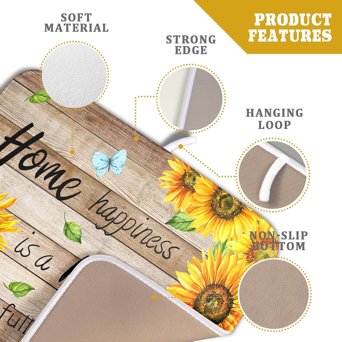 Sunflower Floral Dish Drying Mat for Kitchen Countertop 16x18 inch Rustic Wood Washable Microfiber Absorbent Dishes Drainer Rack Pad