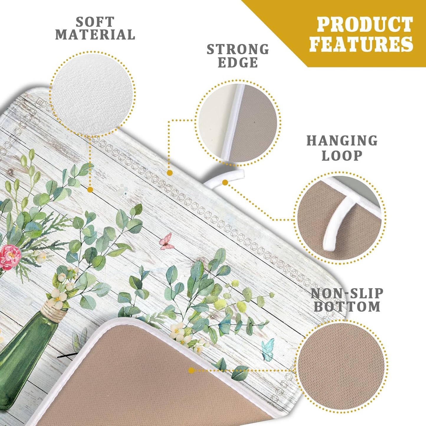 Fern Leaf Vase Dish Drying Mat 16x18 Inch Eucalyptus Leaves Microfiber Absorbent Dish Drainer Mat Reversible Drying Pad for Kitchen Counter Sink