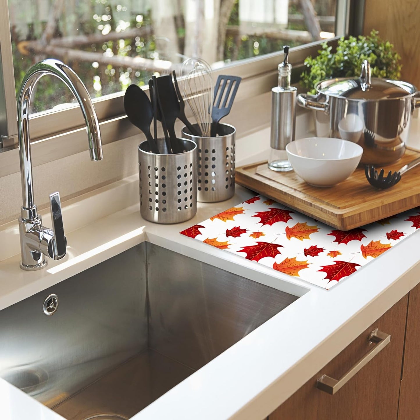 Autumn Maple Leaves Dish Drying Rack Mat for Kitchen Counter, Dish Drying Pad Absorbent Reversible Microfiber Protector for Coffee Bar Sink Countertops 18x24 Inch