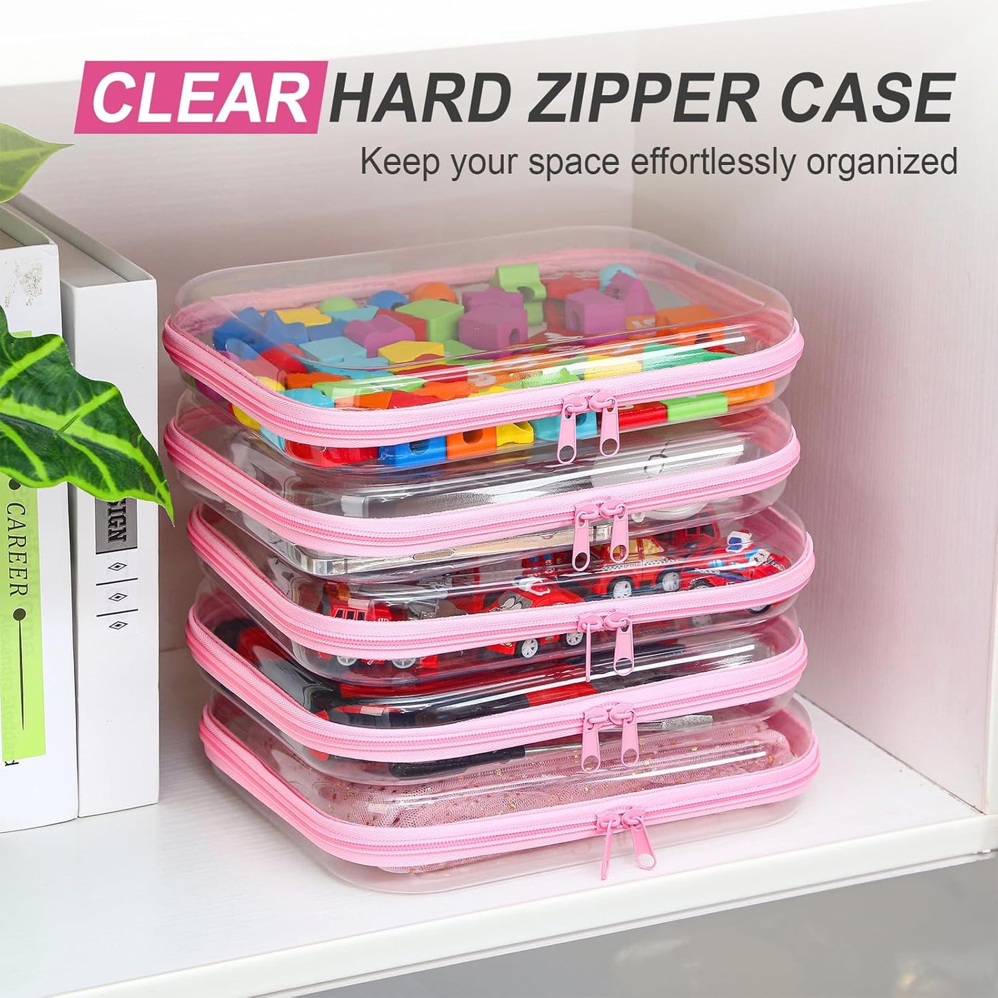 Sanwuta 6 Pcs Clear Hard Zipper Case Pencil Pouches Hard Plastic Zipper Pouches Makeup Bag Transparent Cases for Snacks Plastic Storage Organizer Box for Travel(Pink,9.84 x 7.87 x 2 Inch)