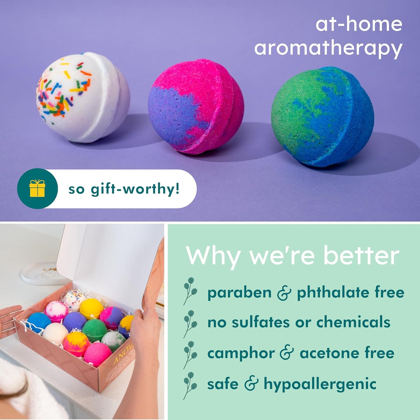 Anovina 12XL Bath Bombs for Women & Kids, Spa Gifts with Essential Oils, Relaxation & Stress Relief, Aromatherapy Bath Products, Made in USA Gift Set, Natural Scented Bath Bombs for Men - 12 Pack