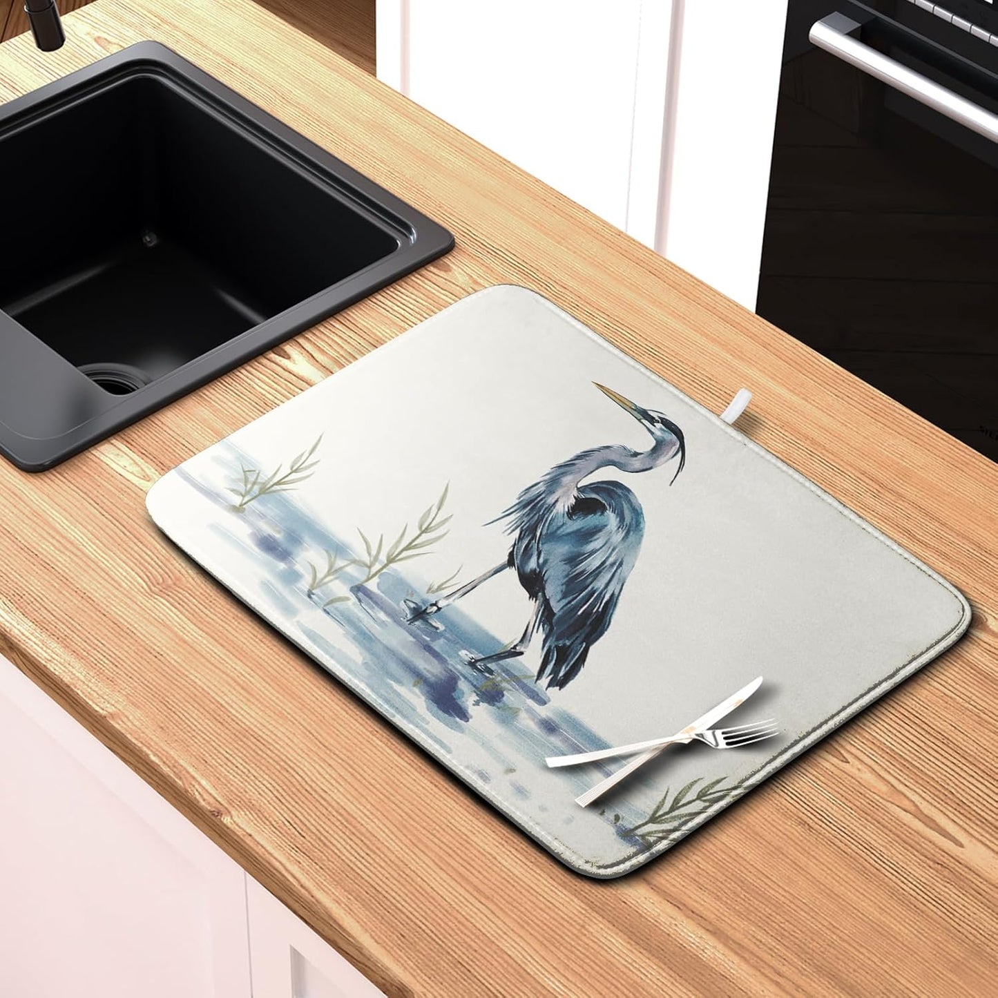 Summer Dish Drying Mat Blue White Heron Beach Absorbent Microfiber Drying Mats for Kitchen Counter Coastal Nautical Birds Dishes Drainer Mat Extra Large 18x24 Inch