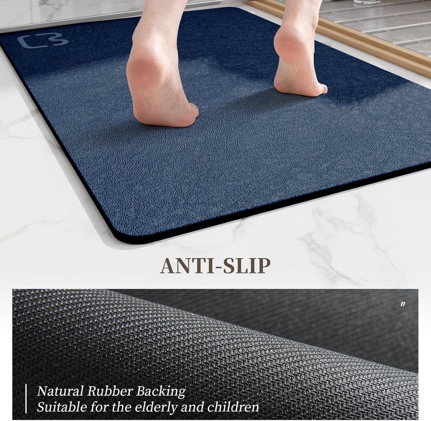 Navy Bathroom Rug Set, 2 Piece Diatomaceous Earth Bath Mats Non Slip Absorbent Quick Dry Thin, 15.7X 23.6 + 15.7X 47.2 Inch