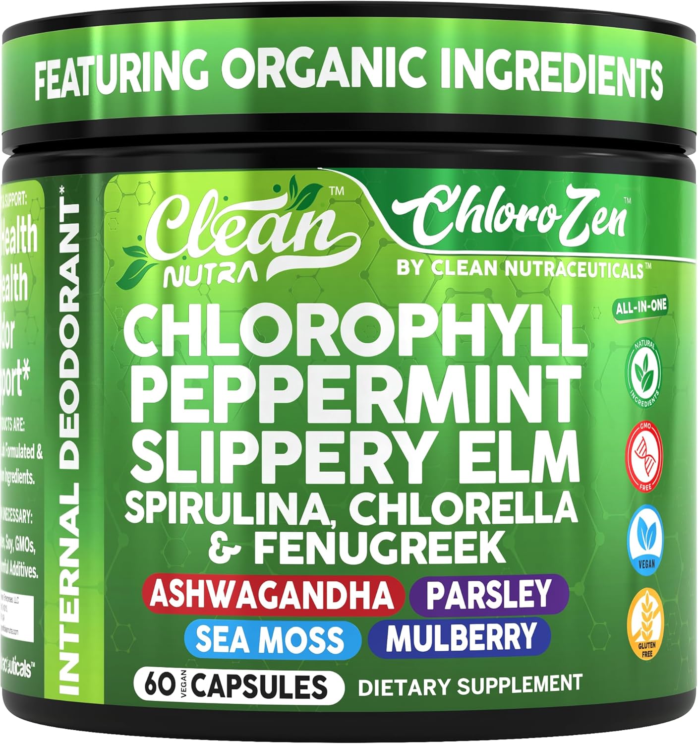 Clean Nutra Chlorophyll Peppermint Slippery Elm Spirulina Chlorella Fenugreek Ashwagandha Sea Moss Supplement – Ph Balance for Women Detox Internal Deodorant Supplements + Prebiotics 60 Vegan Capsules
