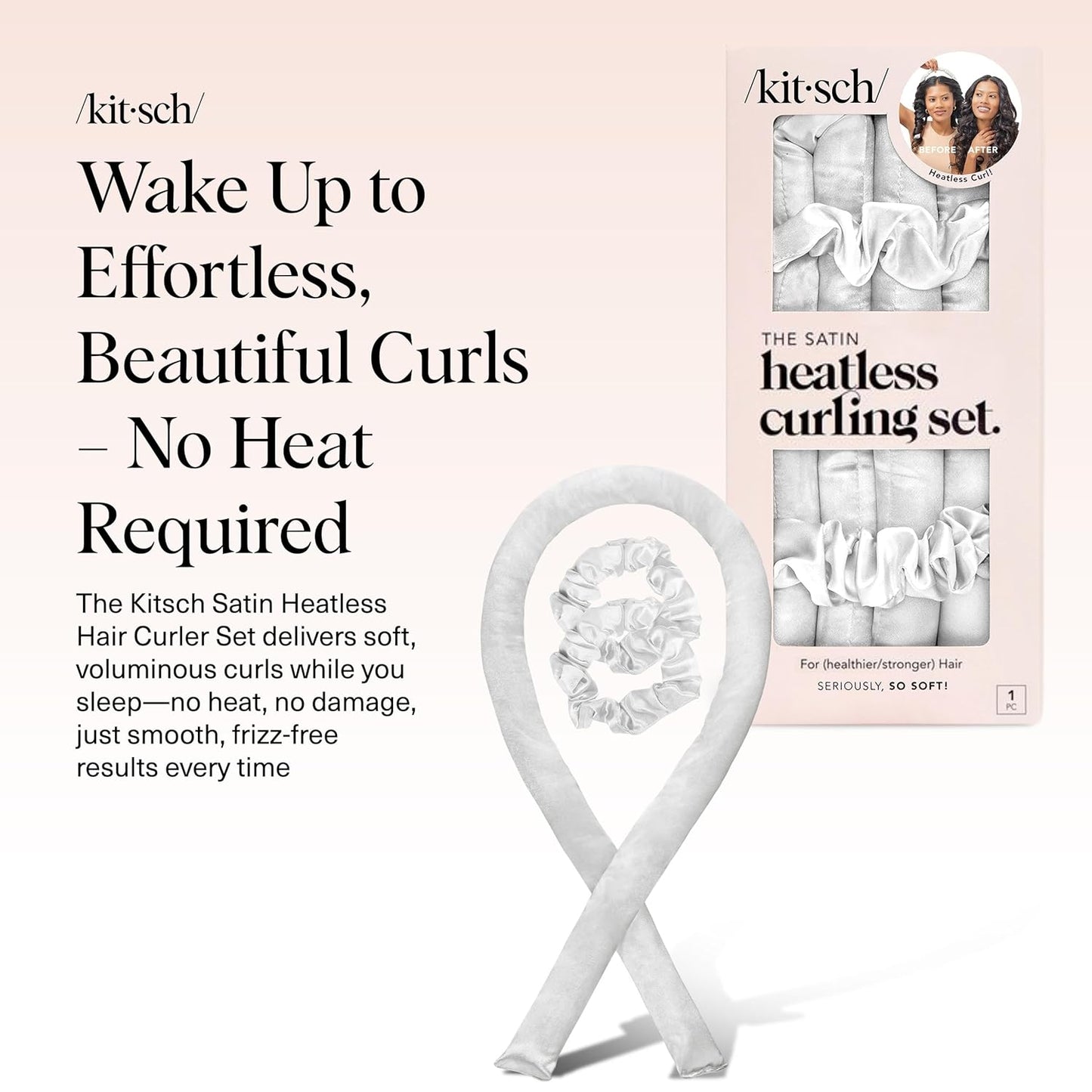 Kitsch Satin Heatless Hair Curler Set - Heatless Curls Overnight, Hair Rollers for Soft Curls & Frizz-Free Styling, No Heat Curlers To Sleep in, Curling Rod Headband with 2 Scrunchies - Ivory