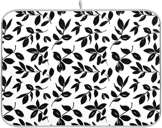 Eucalyptus Leaves Dish Drying Mat for Kitchen Countertop 18x24 Black White Floral Leaf Large Drying Mat Reusable Quick Dry Dish Sink Absorbent Mats Dishwasher Easy Clean Decorative Home Essentials