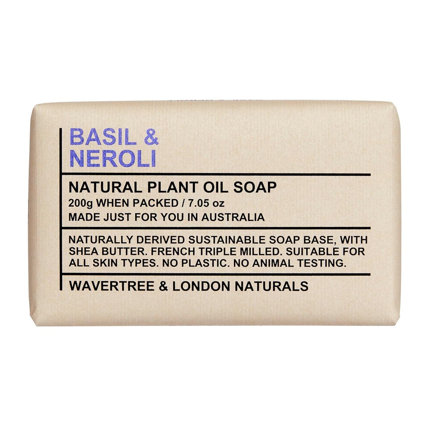 Wavertree & London Basil & Neroli Scented 100% Natural Soap Bar, 7oz Moisturizing French Triple Milled Soap Bar for Women & Men enriched with shea butter - Pure Bath & Body soap bar for All Skin Types