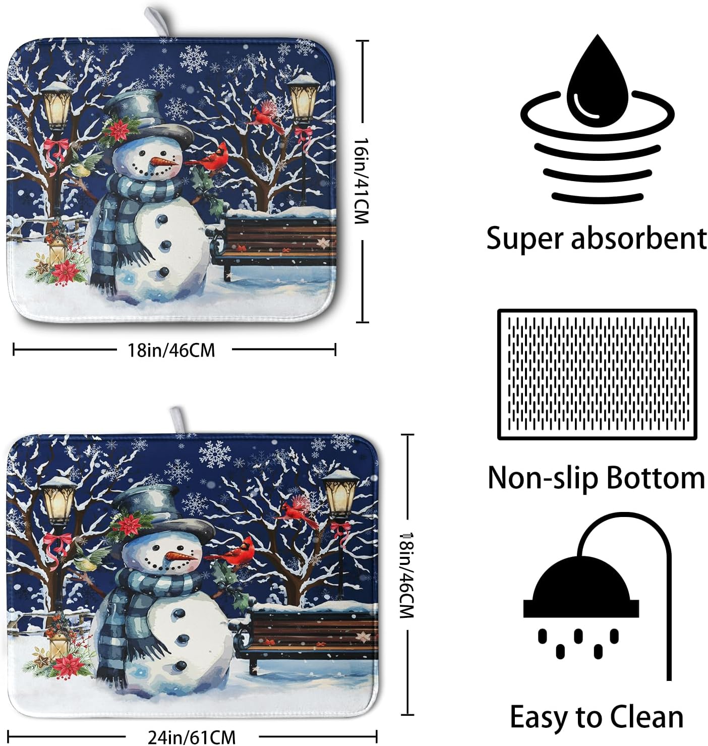 Winter Snowman Dish Drying Mat for Kitchen Counter 18x24, Xmas Snowflakes Dish Drainer Mat Snowy Night Drying Kitchen Mats Cardinal Birld Dish Pad Absorbent Reversible Coffee Mats for Dishes