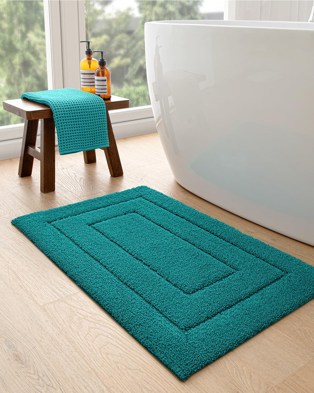 DEXI Bathroom Rug 32x20, Non Slip Washable Bath Mat for Shower Floor, Absorbent Soft Bathmat with Rubber Backing, Quick Dry Microfiber Carpet, Teal
