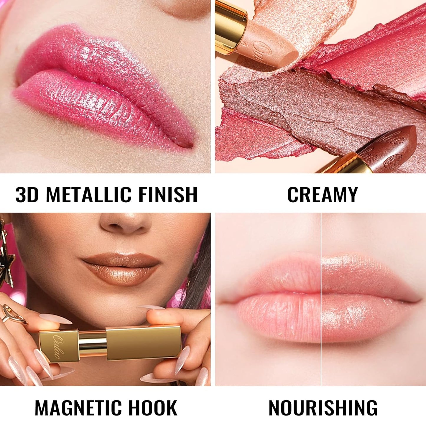Oulac Metallic Brown Lipstick Set 3PCS, Comfortable Creamy Texture, Smooth No Grainy Feeling, Vegan & Gluten Free, Full-Coverage Lip Makeup, 3 X 4.3 g, 604+24+GM10