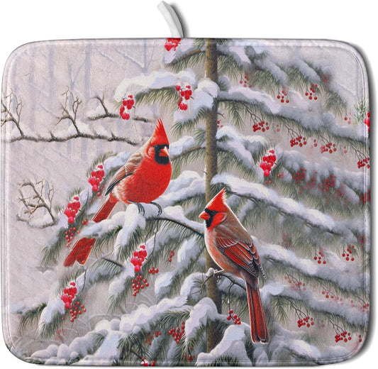 Red Birds Dish Drying Mat Winter Berry Dish Drainer Mats Absorbent Reversible Microfiber Kitchen Countertop Protector Dishes Pad 16x18 inch