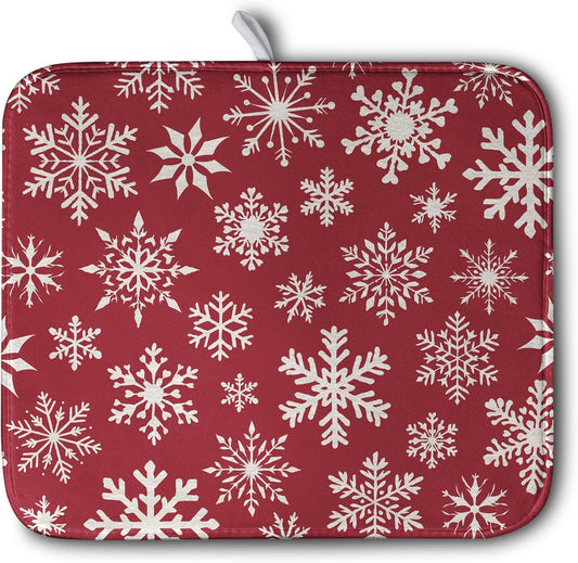 Christmas Snowflakes Dish Drying Mat for Kitchen Counter 16x18 Inch Red White Winter Xmas Pattern Dish Drying Pad for Dishes Microfiber Absorbent Dish Drainer Rack Mats for Countertop