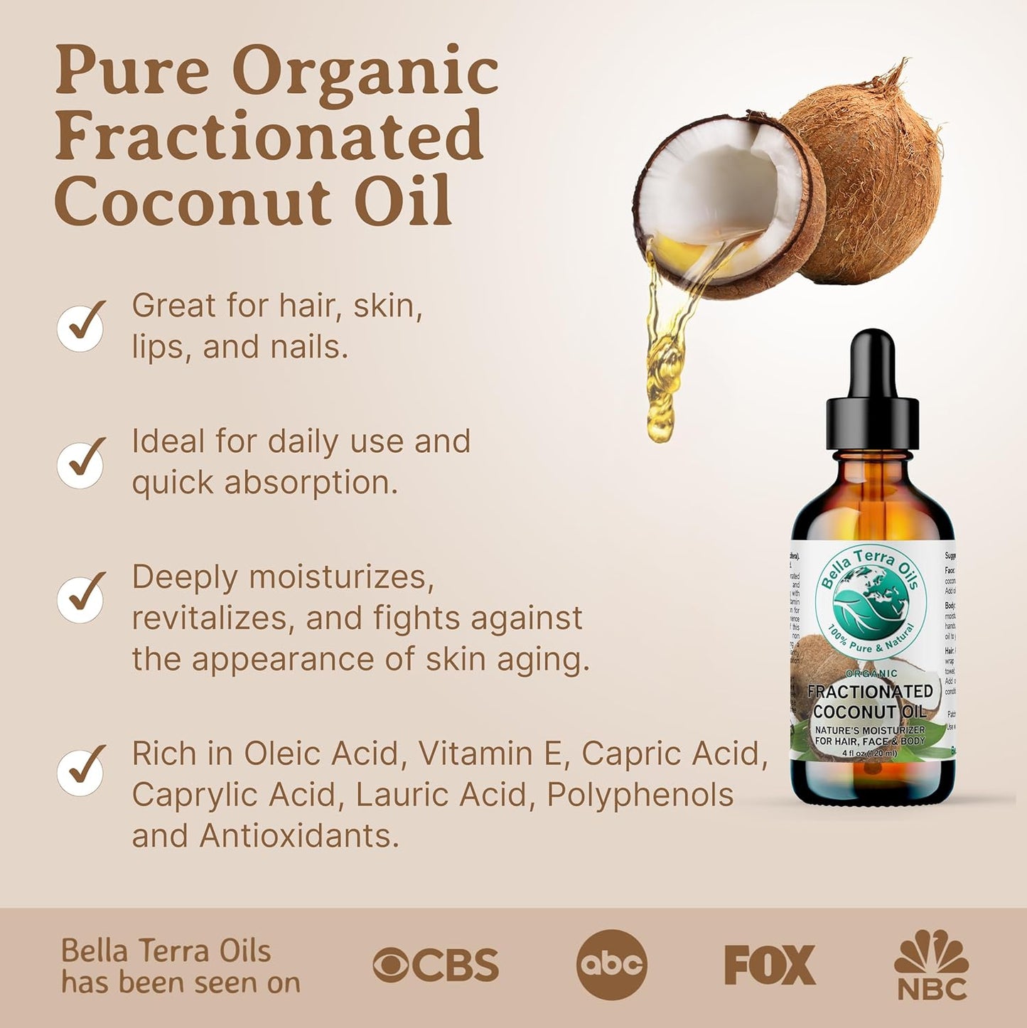Bella Terra Oils - Liquid Organic Fractionated Coconut Oil 16 oz - Dive into Nutritional Excellence, Known for Antioxidants & MCTs, A Luxurious Treat for the Skin