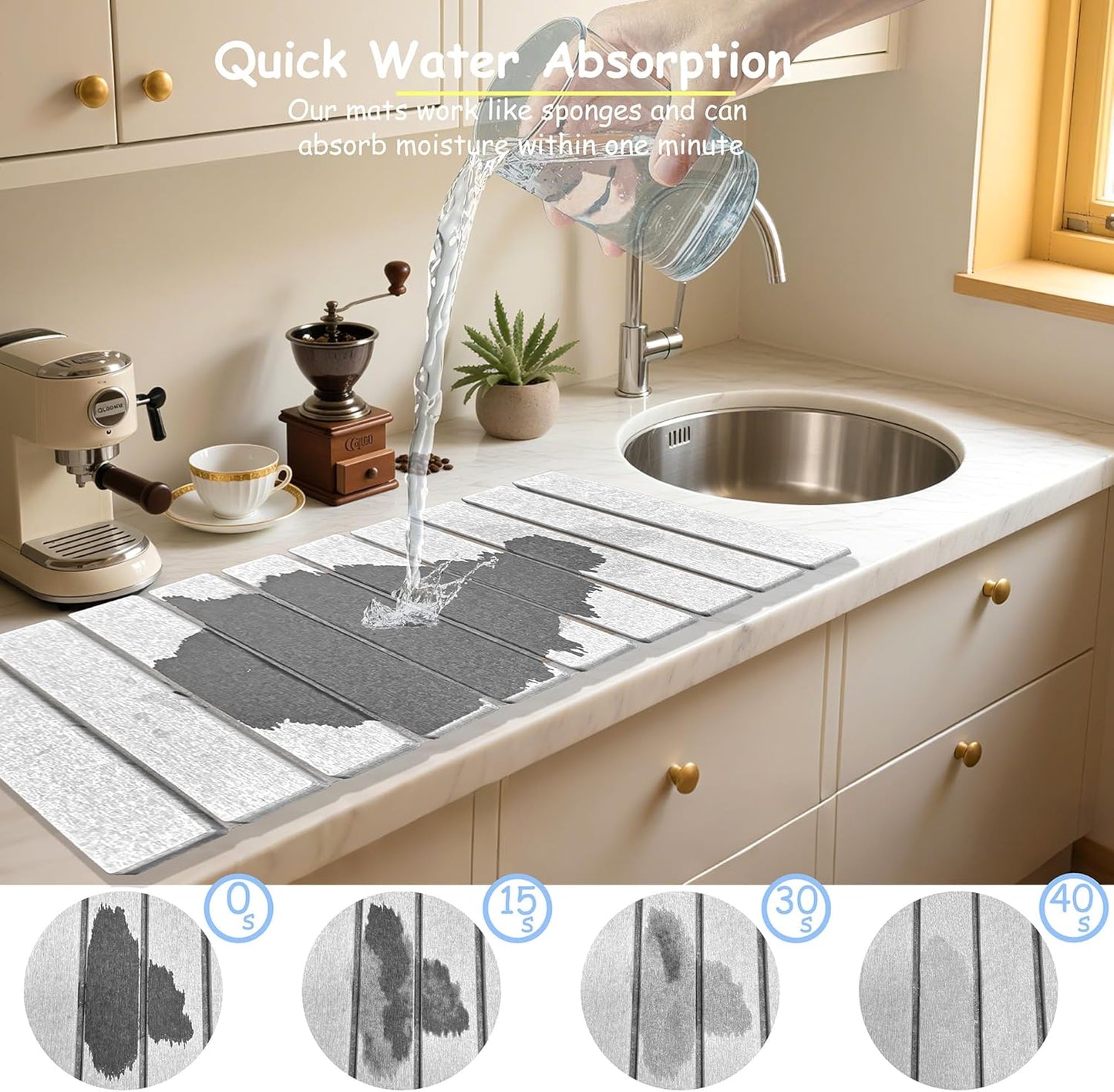 Stone Dish Drying Mat For Kitchen & Bathroom - Diatomaceous Earth, Quick Dry, Collapsible, Non - Slip Pvc, Rounded Corners, 15.4 X 23.6 IN, Absorbent, Natural Material For Dishes, Cups & More