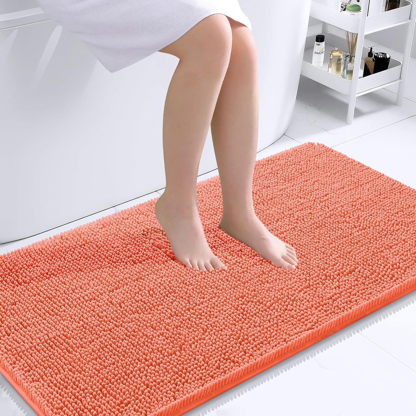 OLANLY Bathroom Rugs 44x24, Extra Soft Absorbent Chenille Bath Rugs, Rubber Backing Quick Dry, Machine Washable Bath Mats for Bathroom Floor, Tub and Shower, Home Decor Accessories, Coral