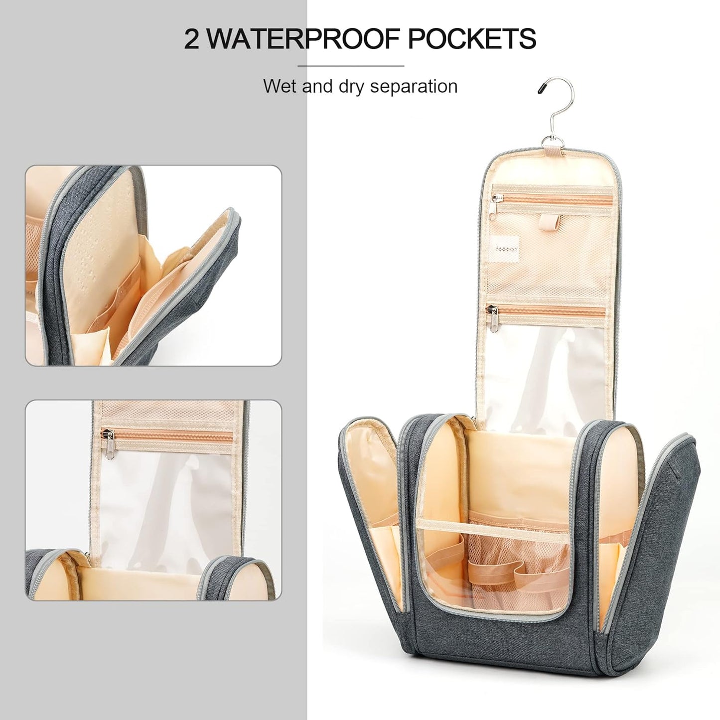 Hanging Travel Toiletry Bag for Women and Men, 6 Organizer Compartments, Extra Large Toiletries Bag, Bathroom Cosmetic Bag, Water-resistant Makeup Bag, Holds Full-Size Shampoo, Grey