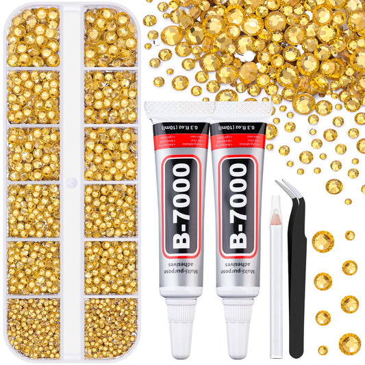 6100Pcs Resin Rhinestones for Crafting with 2Pcs 10ml B7000 Jewelry Glue, 1 Box Flatback Crystals Diamond (Golden Yellow) for Bedazzling Crafts DIY Nail Art, Gems for Clothing Shoes Tumblers
