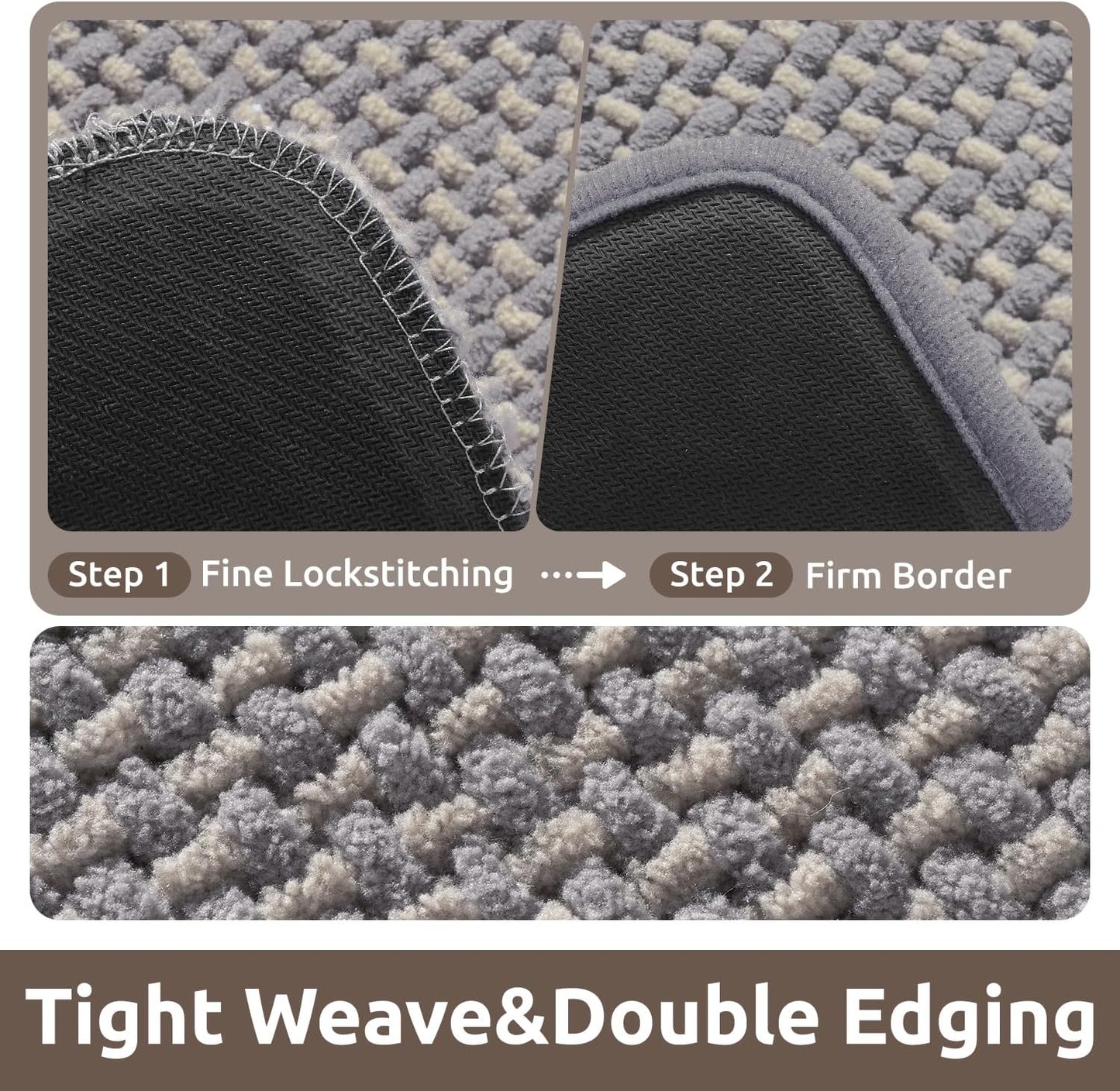 AMOAMI Chenille Bath Mat Super Absorbent Bathroom Mat Quick Dry Low Pile Bath Mats for Bathroom Washable Rubber Backed Bathroom Runners Fit Under Door, Front of Bathtub, Sink, LIGHTGREY&Beige 24"x48"