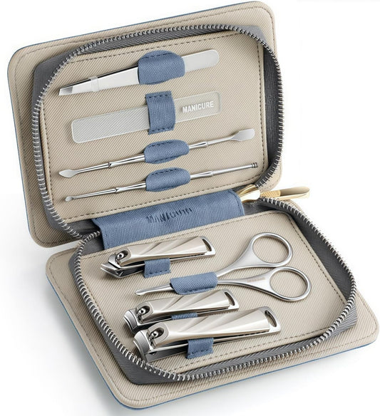 8-Piece Manicure Pedicure Set-Stainless Steel Nail Clippers Toenail Fingernail Cutters with Travel Case Complete Grooming Kit (Blue)