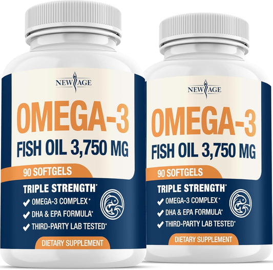 Triple Strength Omega 3 Fish Oil 3750 mg - EPA & DHA - Over 3000mg Omega-3 Fatty Acids - 1350mg EPA + 900mg DHA - Best Essential Fatty Acids, Burpless Fish Oil - 180 Count