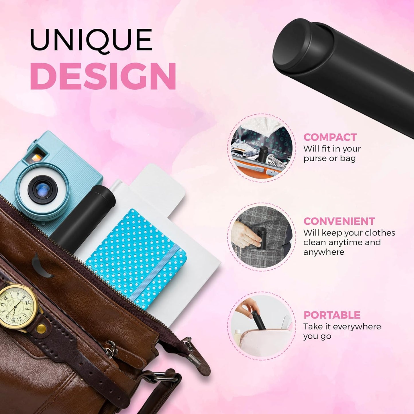 Portable Lint Roller with 100 Sticky Sheets, Mini Pet Hair Remover, Lint Roller for Cats, Dogs, Kids - Travel Roller for Clothes Backpack School - Small Retractable Fits in Pocket (Black)