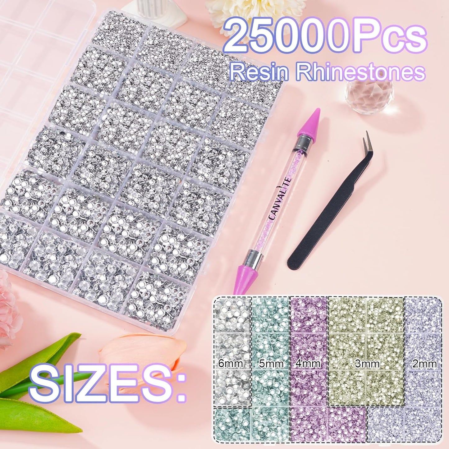 Canvalite 25000Pcs Resin Jelly Rhinestones for Crafting, Clear Flatback Gems, Bedazzling Crystal with 5Pcs 2.5g B7000 Jewelry Glues and Tweezers and Dotting Pen for DIY Crafts Clothing Shoes Nail Art
