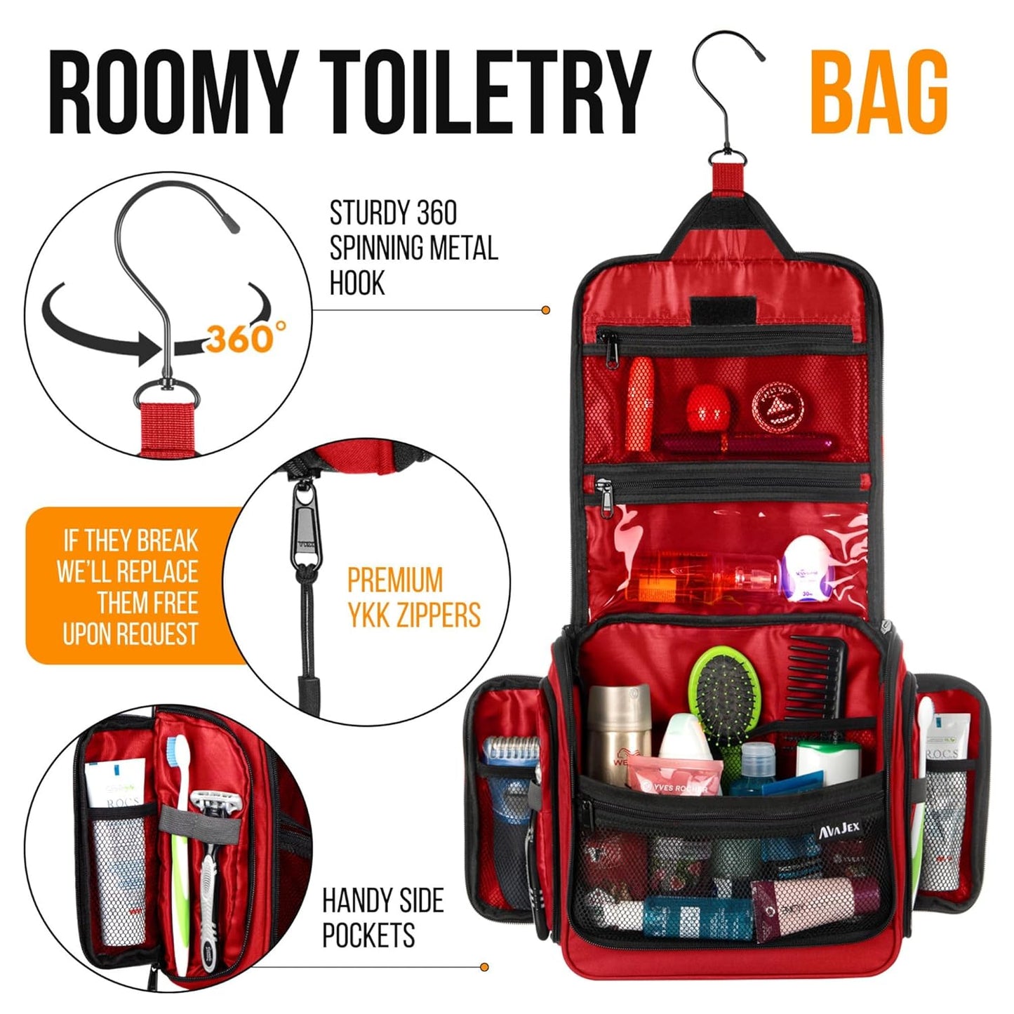 Travel Toiletry Bag for Men and Women - Large Hanging Toiletry Organizer - Waterproof Hygiene Bag with Metal XXL Swivel Hook, with Sturdy Zippers and 19 Compartments for Toiletries, Makeup, Cosmetics