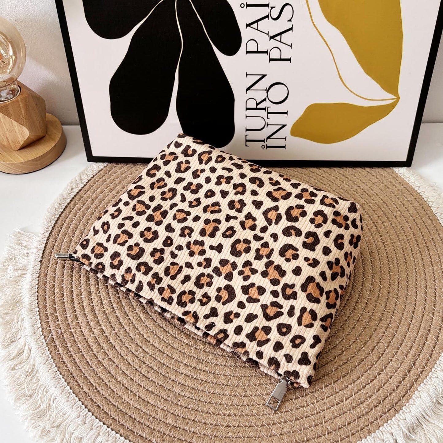 Leopard Print Corduroy Makeup Bag for Women – Soft Cosmetic Travel Pouch with Zipper Closure, Large Toiletry Organizer with Lining, Stylish Animal Print Makeup Case for Purse or Travel