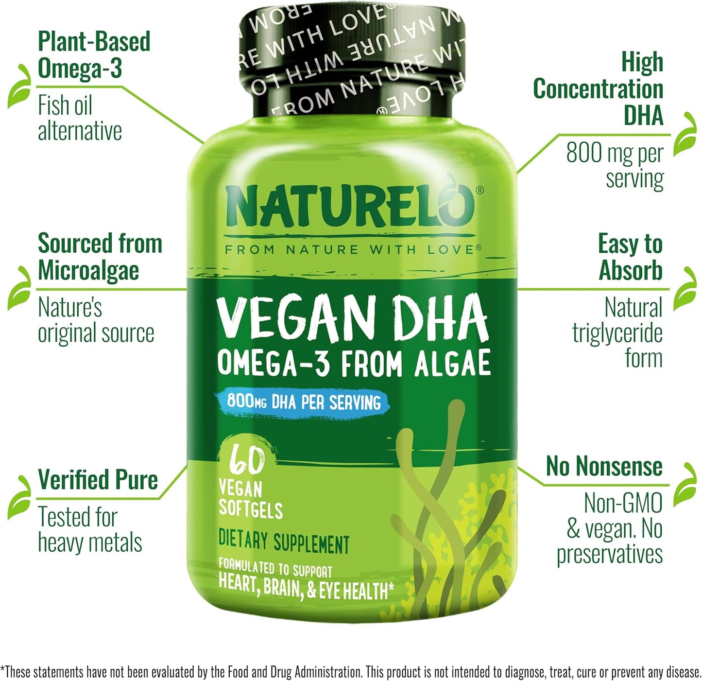 NATURELO Vegan DHA - Omega 3 Oil from Algae - Supplement for Brain, Heart, Joint, Eye Health - Provides Essential Fatty Acids for Women, Men and Kids - Complements Prenatal Vitamins - 60 Softgels
