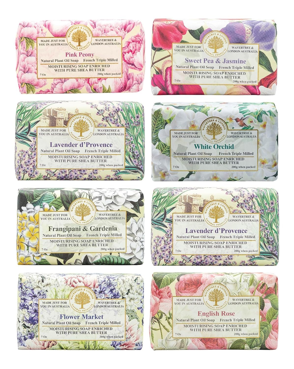 Wavertree & London Assorted Fabulous Florals #2 (8 Bars), 7oz Moisturizing Natural Soap Bars, French Milled and enriched with Shea Butter