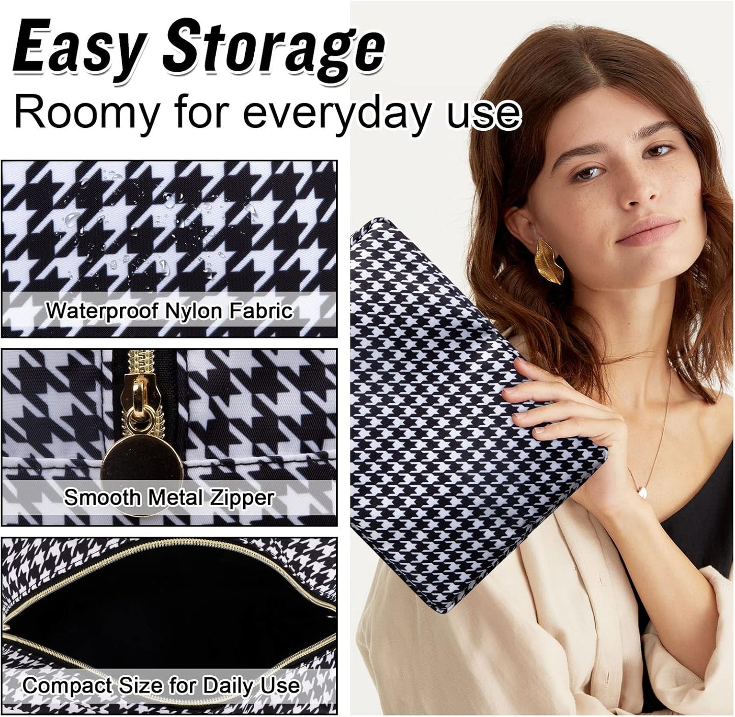 Nylon Large Makeup Bag Black Houndstooth Travel Pouch for Women, Big Preppy Makeup Bag Cute Cosmetic Zipper Pouch Purse, Waterproof Toiletry Bag Clutch Makeup Organizer for Girls(Black Houndstooth)